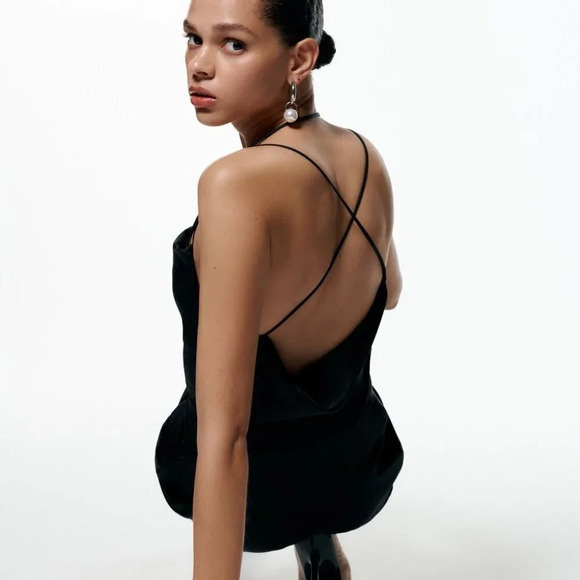 Zara Satin Effect Draped Open Back Mini Dress Black NWT Size Small - Picture 5 of 12